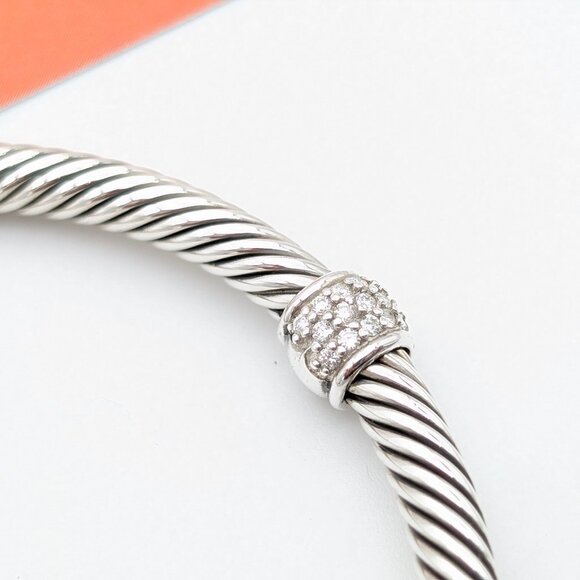 DAVID YURMAN 4MM Sterling Silver Diamond Single Station Barrel Bracelet 7 Inch - Picture 5 of 8
